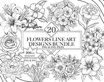 Floral Line Art PNG & SVG Bundle, Flowers Digi Stamp, Botanical, Flower Bouquet Clipart, Flowers SVG, Digital Printable File, Commercial Use