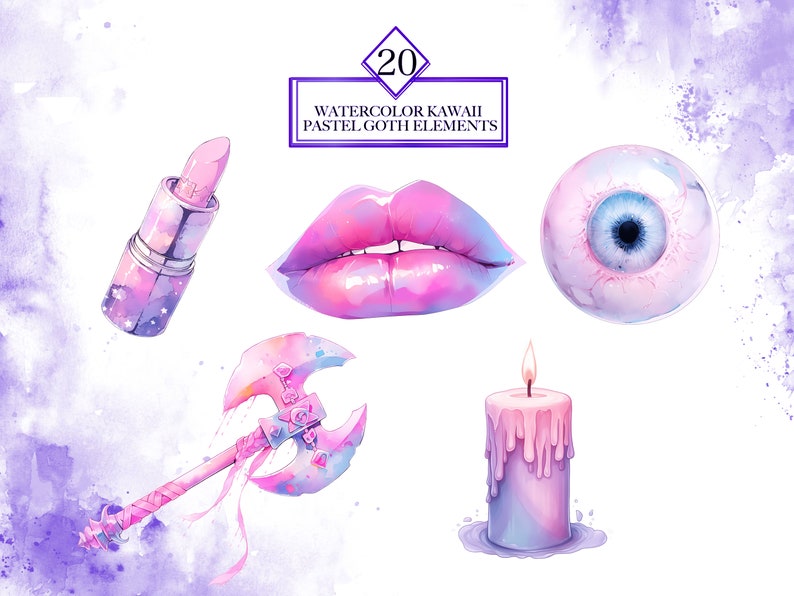 20 Watercolor Kawaii Pastel Goth Elements