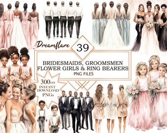 39 Watercolor Bridesmaids Groomsmen Flower Girls & Ring Bearers, Wedding Clipart, Bridal PNG, Wedding PNG, Digital Download, Commercial Use