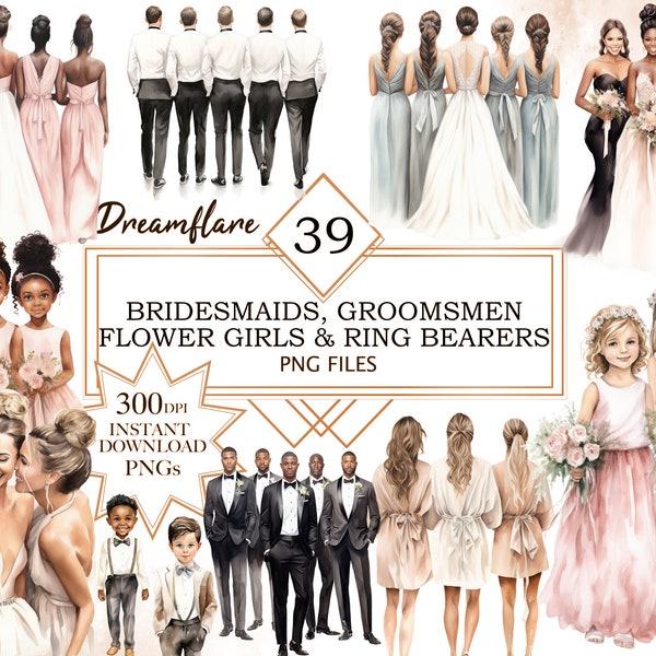 39 Watercolor Bridesmaids Groomsmen Flower Girls & Ring Bearers, Wedding Clipart, Bridal PNG, Wedding PNG, Digital Download, Commercial Use