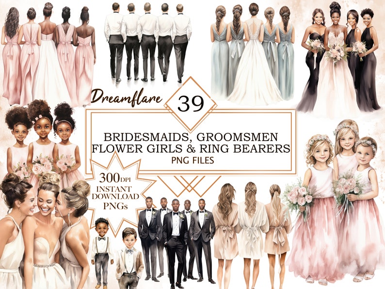 May include: Digital illustration of a wedding party with bridesmaids, groomsmen, flower girls, and ring bearers. The illustration is in a watercolor style and features a variety of skin tones and hair colors.