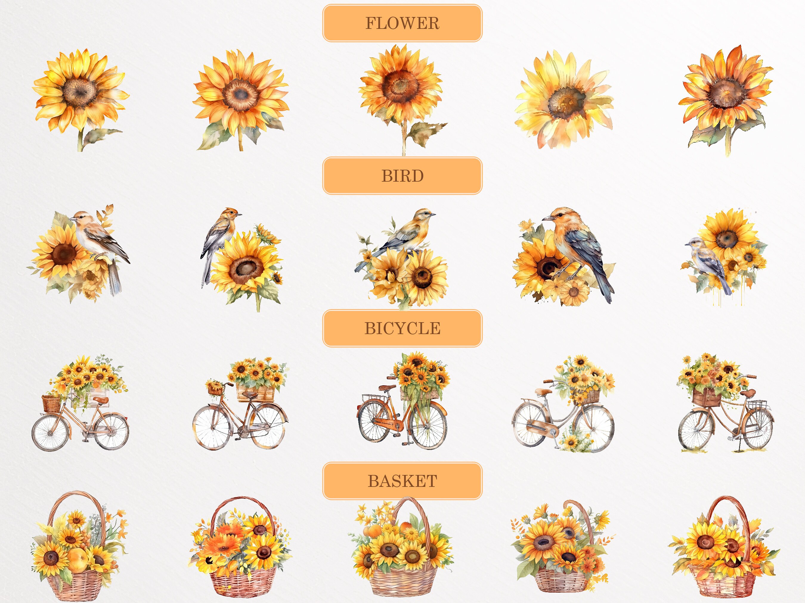 Watercolor Sunflower Clipart, Fall Sunflower Png, Floral Bouquet Bundle ...