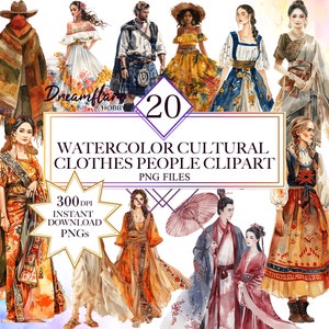 Watercolor Cultural Clothes Clipart Bundle, People PNG, Travel Clipart, Culture PNG, Watercolor People png, Traveling PNG, Commercial Use