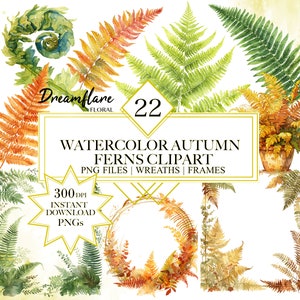 Aquarelle Fougère Feuilles Clipart Bundle, Feuilles d’automne PNG, Feuilles PNG, Feuillage, Clipart d’automne, Couronne PNG, Téléchargement numérique, Utilisation commerciale