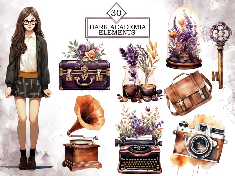Pode incluir: Um conjunto de 30 ilustra&ccedil;&otilde;es de aquarela com um tema de academia escura. As ilustra&ccedil;&otilde;es incluem uma mala vintage, uma m&aacute;quina de escrever, um gramofone, uma chave, uma c&uacute;pula de vidro com flores, uma c&acirc;mera e uma garota com uma saia xadrez e uma jaqueta preta.