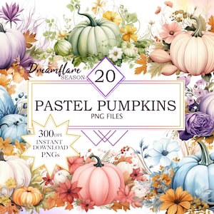 May include: A watercolour illustration of pastel-coloured pumpkins, including white, pink, and blue, with floral and autumnal leaf accents. The image includes the text "PASTEL PUMPKINS PNG FILES".
