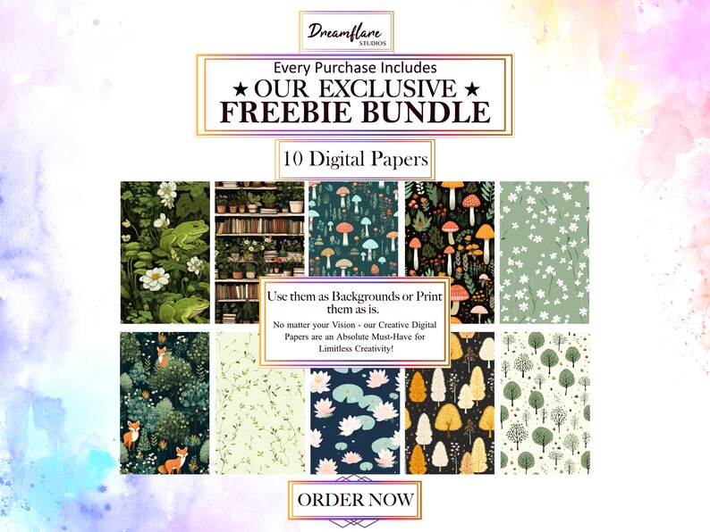 Pu&ograve; includere: Un pacchetto di carta digitale con 10 diversi motivi con temi naturalistici come funghi, rane, volpi e alberi. Il testo "Every Purchase Includes ★OUR EXCLUSIVE★ FREEBIE BUNDLE 10 Digital Papers" &egrave; nella parte superiore dell'immagine. Il testo "Use them as Backgrounds or Print them as is. No matter your Vision - our Creative Digital Papers are an Absolute Must-Have for Limitless Creativity!" &egrave; al centro dell'immagine. Il testo "ORDER NOW" &egrave; nella parte inferiore dell'immagine.