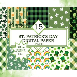 Könnte beinhalten: Ein digitales Papierpaket mit 15 Mustern zum Thema St. Patrick's Day. Die Muster umfassen Kleeblätter, Regenbögen, Karos und Koboldhüte. Das Paket steht zum sofortigen Download im JPG-Format zur Verfügung.