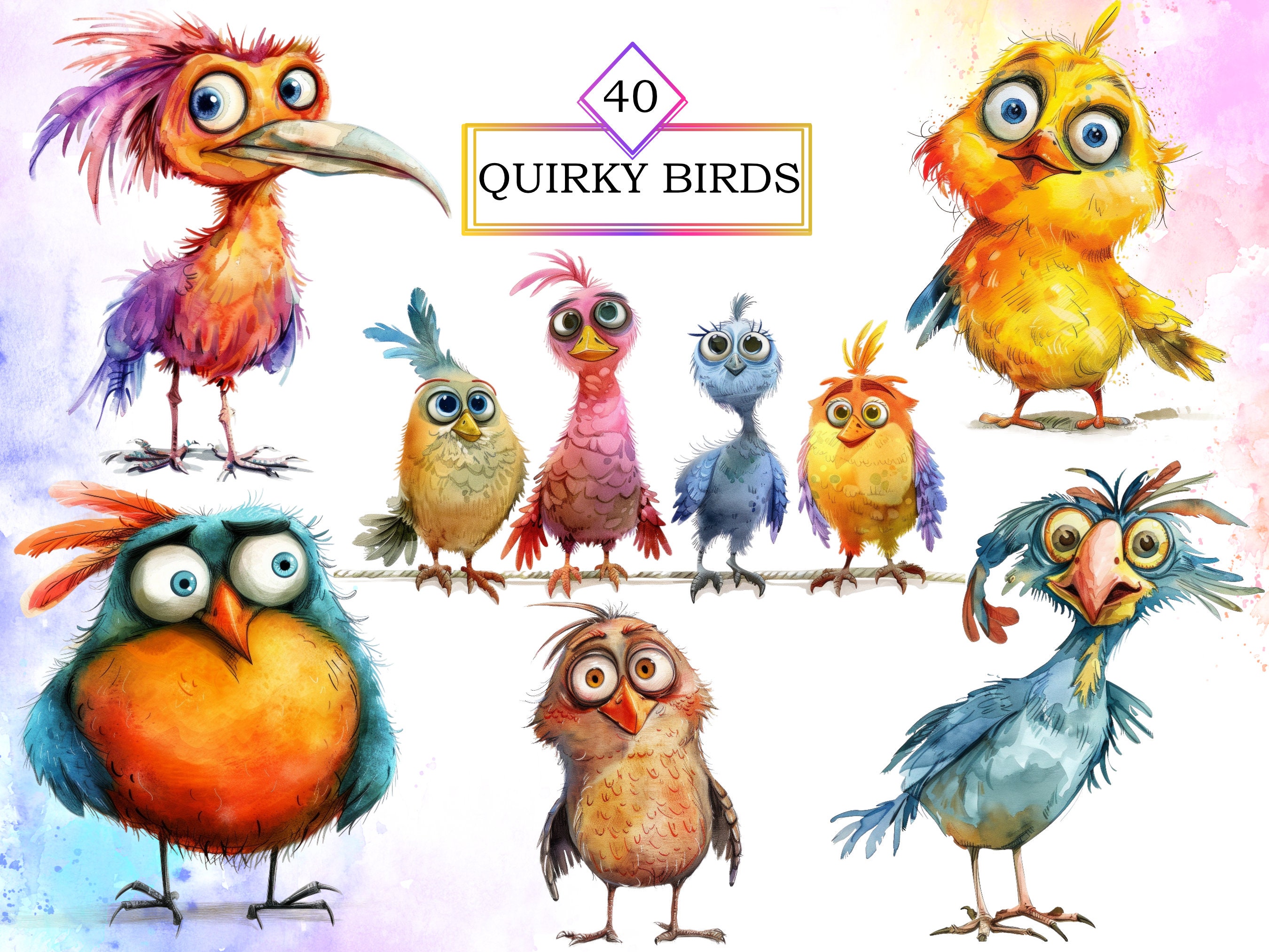 40 Funny Quirky Bird Clipart PNG Bundle Illustrations, Whimsical Birds ...