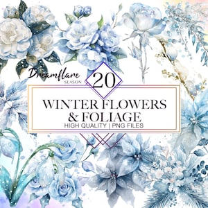 Pacote PNG de flores e folhagens de inverno em aquarela, flores de inverno PNG, clipart de buquê floral, criação de cartões, download digital, uso comercial