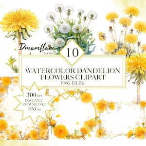 May include: A set of 10 watercolor dandelion flower clipart images. The flowers are yellow and white and have a soft, watercolor look. The images are perfect for creating digital or printed projects.
