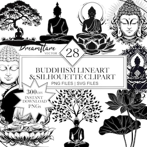 May include: Black and white digital clipart collection featuring various Buddha illustrations, including seated figures, lotus flowers, and detailed line art. The image includes the text "BUDDHISM LINEART & SILHOUETTE CLIPART" and "300 DPI INSTANT DOWNLOAD PNGs".