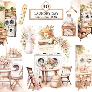 May include: A watercolor illustration of a laundry room with white washing machines, floral arrangements, and wooden chairs around a table. The text "40 Laundry Day Collection" is at the top of the image.