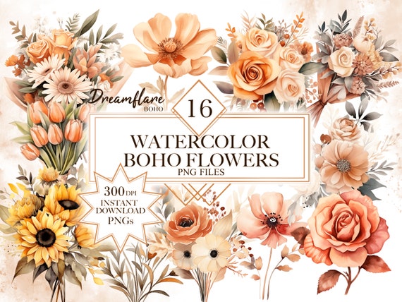Watercolor Boho Flowers Clipart Bundle, Flower Bouquet Clipart, Floral Ornaments Clipart, Elegant Wedding Flowers, Printable Card Designs