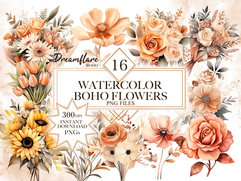Dreamflare Boho
16 Watercolor Boho Flowers 300 DPI Instant Download PNG Files