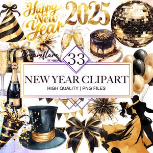 Aquarelle 2025 Nouvel An PNG Bundle, Nouvel An Clipart, Celebration Design, Nouvel An PNG, Conceptions de cartes, Téléchargement numérique, Utilisation commerciale