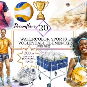 20 sportowych akwarela siatkówka elementy clipart PNG pakiet, ilustracje siatkówki, grafika PNG, pobieranie cyfrowe, użytek komercyjny