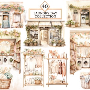 May include: A collection of 40 watercolor illustrations featuring laundry day scenes. The illustrations depict laundry rooms, clotheslines, baskets of laundry, and other laundry-related items. The illustrations are in a vintage style with a soft color palette.