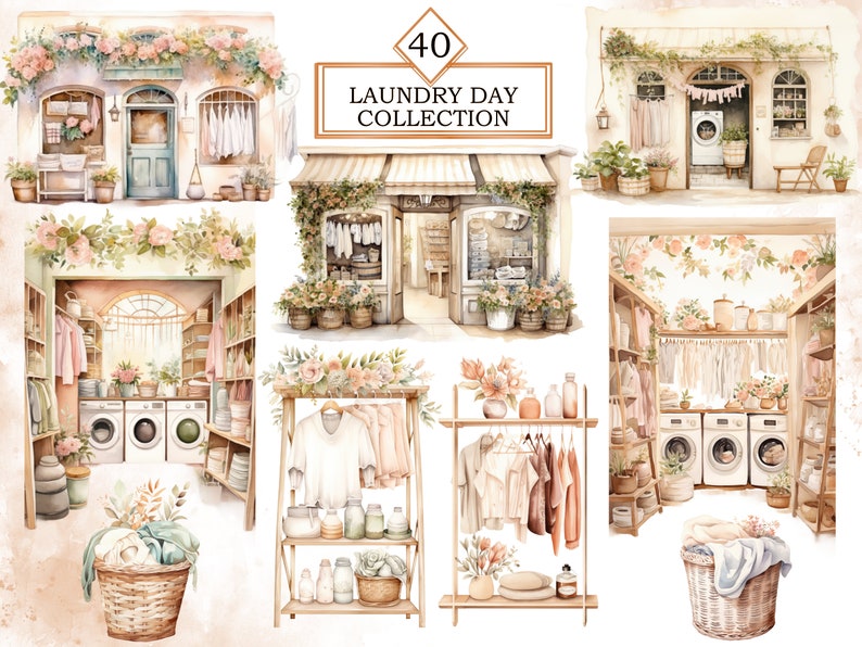 May include: A collection of 40 watercolor illustrations featuring laundry day scenes. The illustrations depict laundry rooms, clotheslines, baskets of laundry, and other laundry-related items. The illustrations are in a vintage style with a soft color palette.