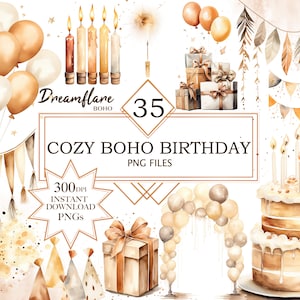 Watercolor Cozy Boho Birthday Clipart PNG, Neutral Birthday Watercolor Clipart, Boho Birthday PNG, Printable Digital File, Commercial Use