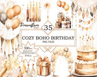 Akwarela przytulne Boho urodziny clipart PNG, neutralne urodziny akwarela clipart, Boho urodziny PNG, plik cyfrowy do druku, użytek komercyjny