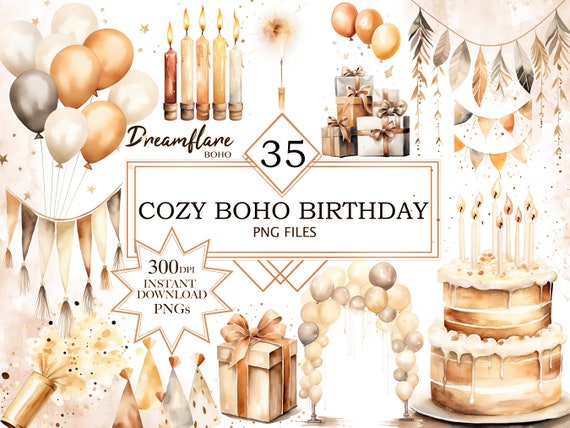 Watercolor Cozy Boho Birthday Clipart PNG, Neutral Birthday Watercolor Clipart, Boho Birthday PNG, Printable Digital File, Commercial Use