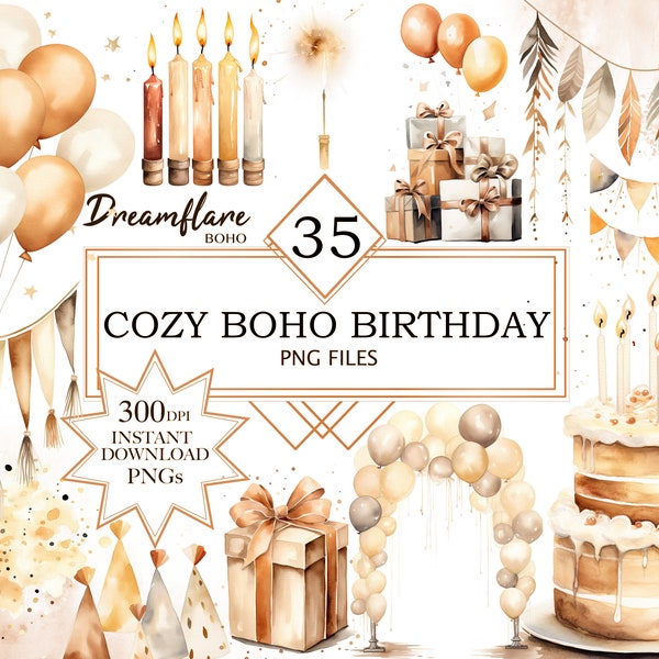 Watercolor Cozy Boho Birthday Clipart PNG, Neutral Birthday Watercolor Clipart, Boho Birthday PNG, Printable Digital File, Commercial Use