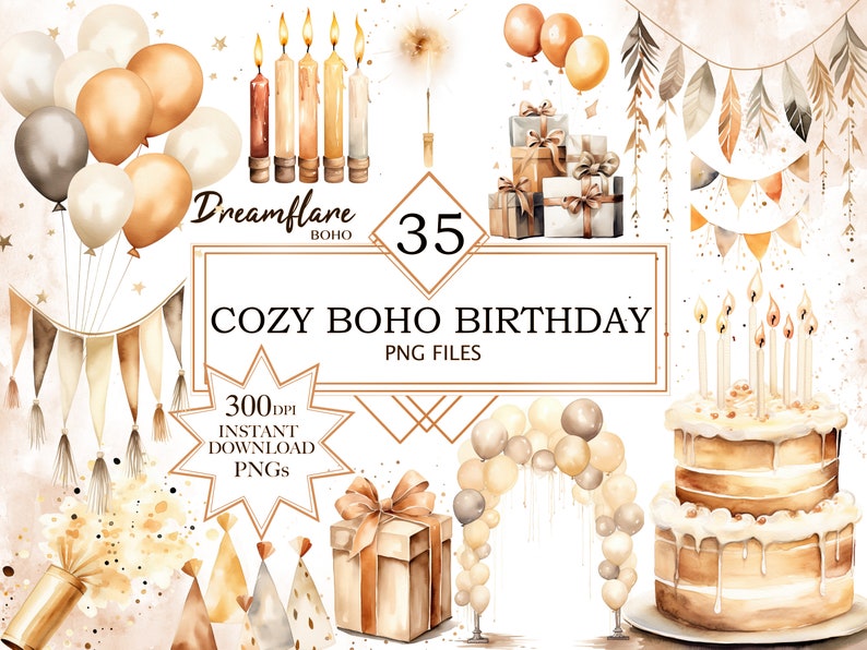 Pu&ograve; includere: Un set di 35 illustrazioni ad acquerello per una festa di compleanno boho accogliente. Il set include candele, palloncini, una torta, regali, cappelli da festa e striscioni. Le illustrazioni sono in tonalit&agrave; di marrone, beige e oro.