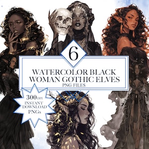 Watercolor Dark Female Elves Clipart Bundle, Black Elf PNG, Black Woman, Gothic Clipart, Fantasy PNG, Digital Printable File, Commercial Use