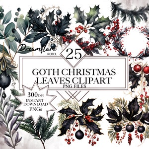 Watercolor Goth Christmas Leaves PNG Bundle, Christmas Eucalyptus Clipart, Goth Christmas Ornaments, Christmas Clipart, Commercial Use