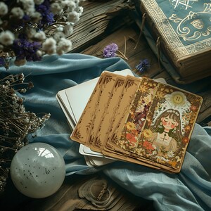 May include: A tarot card reading spread with a blue cloth, a crystal ball, dried flowers, and a vintage book. The top card is the Two of Cups, featuring a woman with closed eyes and a crown of flowers.