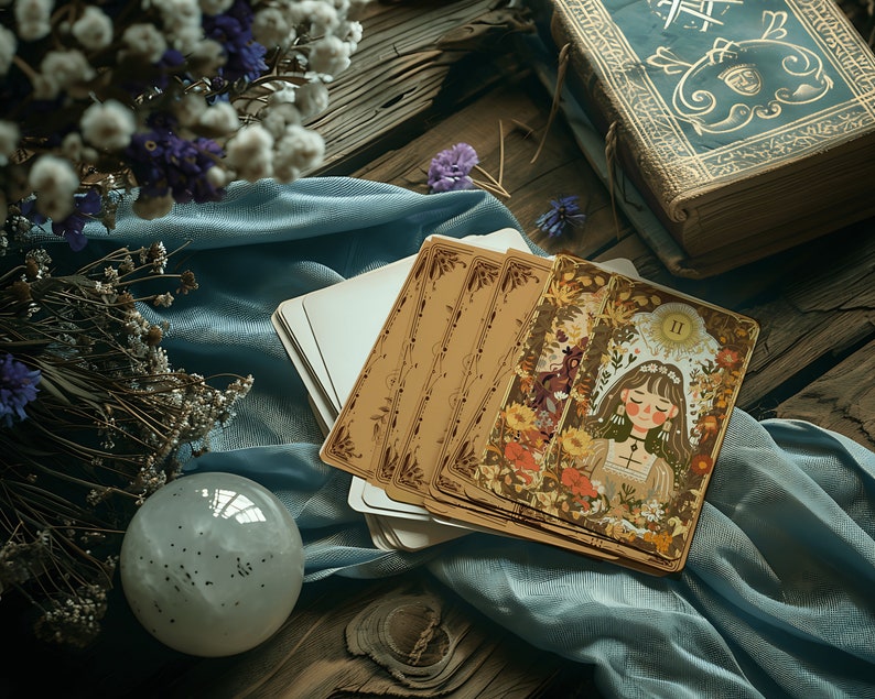 May include: A tarot card reading spread with a blue cloth, a crystal ball, dried flowers, and a vintage book. The top card is the Two of Cups, featuring a woman with closed eyes and a crown of flowers.