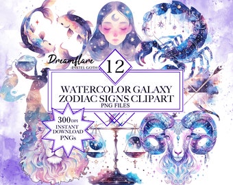 Könnte beinhalten: Aquarell-Galaxie-Sternzeichen-Clipart-Set mit 12 Zeichen. Jedes Zeichen ist in einem Galaxie-Design mit Aquarell-Effekt dargestellt. Die Zeichen sind: Widder, Stier, Zwillinge, Krebs, Löwe, Jungfrau, Waage, Skorpion, Schütze, Steinbock, Wassermann und Fische.