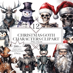 Watercolor Christmas Goth Characters Clipart Bundle, PNG, Gothic Spooky Christmas Clipart Bundle,  Christmas Clipart, Commercial Use