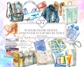 Watercolor Travel Essentials Clipart Bundle, Summer Holiday, Vacation Clip Art, Travel Kit, Travelling PNGs, Digital Printable Files