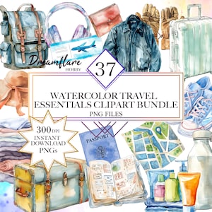Könnte beinhalten: Aquarell-Clipart-Paket mit wichtigen Reiseutensilien, darunter ein Koffer, ein Rucksack, ein Hut, ein Reisepass, eine Karte, Toilettenartikel und Schuhe. Die Clipart ist im Aquarellstil gehalten und perfekt für die Erstellung von Designs zum Thema Reisen.