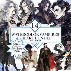 Watercolor Goth Vampire Clipart Bundle, Vampire PNG, Gothic Vampire Men, Gothic Clipart, Fantasy PNG, Digital Printable File, Commercial Use