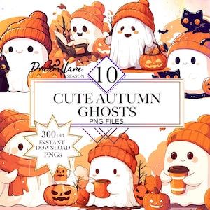 Lindo paquete de imágenes prediseñadas PNG de fantasmas de otoño, PNG fantasma de Kawaii, PNG de otoño, imágenes prediseñadas de calabazas, diseño de sublimación, descarga digital, uso comercial