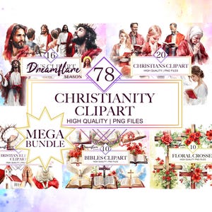 Könnte beinhalten: Eine digitale Illustration eines Mega-Pakets mit 78 christlichen Clipart-Bildern. Die Bilder zeigen Menschen beim Beten, mit Bibeln in der Hand und Blumenkreuzen. Der Text "Dreamflare Season" befindet sich in der oberen linken Ecke. Der Text "Christianity Clipart" befindet sich in der Mitte des Bildes. Der Text "Mega Bundle" befindet sich in der unteren linken Ecke. Der Text "High Quality PNG Files" befindet sich in der Mitte des Bildes.