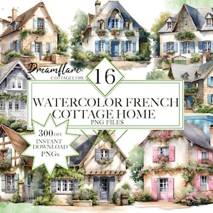 Watercolor French Cottage House Clipart Bundle, Watercolor House PNG, Cottage PNG, Country House Clipart, Modern House, Digital File Bundle
