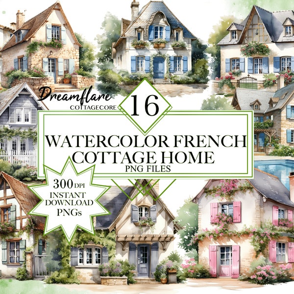 Watercolor French Cottage House Clipart Bundle, Watercolor House PNG, Cottage PNG, Country House Clipart, Modern House, Digital File Bundle