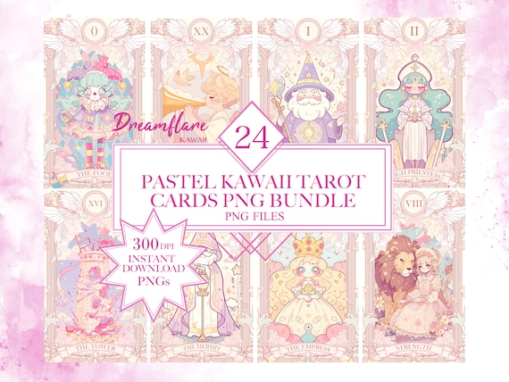 Pastel Kawaii Tarot Cards PNG Bundle, Kawaii PNG, Kawaii Tarot Cards, Mystical Graphics, Wiccan PNG File, Digital Download, Commercial Use
