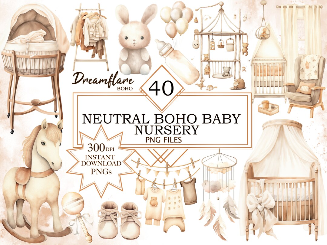 Watercolor Baby Nursery Clipart PNG, Boho Nursery Clipart, Boho Baby ...