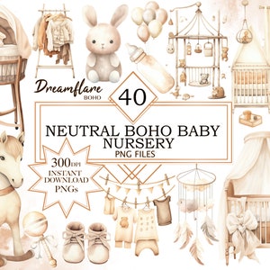May include: A set of 40 neutral boho baby nursery clip art illustrations. The illustrations include a rocking horse, a cot, a mobile, a bunny, a basket, a lamp, a garland, a rocking chair, and more. The illustrations are in a watercolour style and are perfect for creating invitations, cards, and other projects.