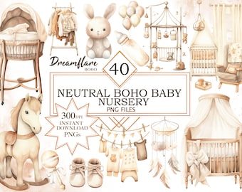 Akwarela Baby Nursery clipart PNG, Boho Nursery clipart, Boho Baby Shower clipart, Baby Shower PNG, neutralne pod względem płci cliparty, wykorzystanie komercyjne