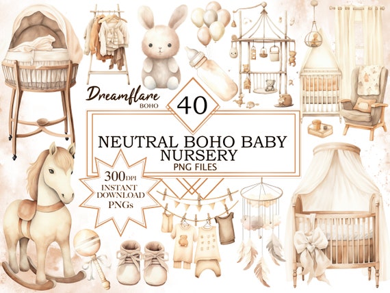 Watercolor Baby Nursery Clipart PNG, Boho Nursery Clipart, Boho Baby Shower Clipart, Baby Shower PNG, Gender Neutral Clipart, Commercial Use