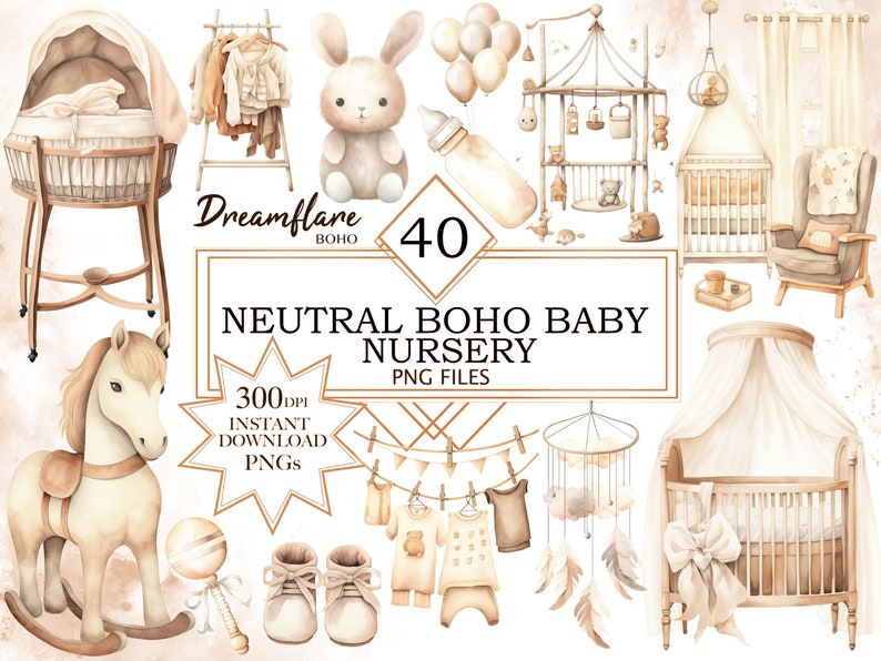 May include: A set of 40 neutral boho baby nursery clip art illustrations. The illustrations include a rocking horse, a cot, a mobile, a bunny, a basket, a lamp, a garland, a rocking chair, and more. The illustrations are in a watercolour style and are perfect for creating invitations, cards, and other projects.