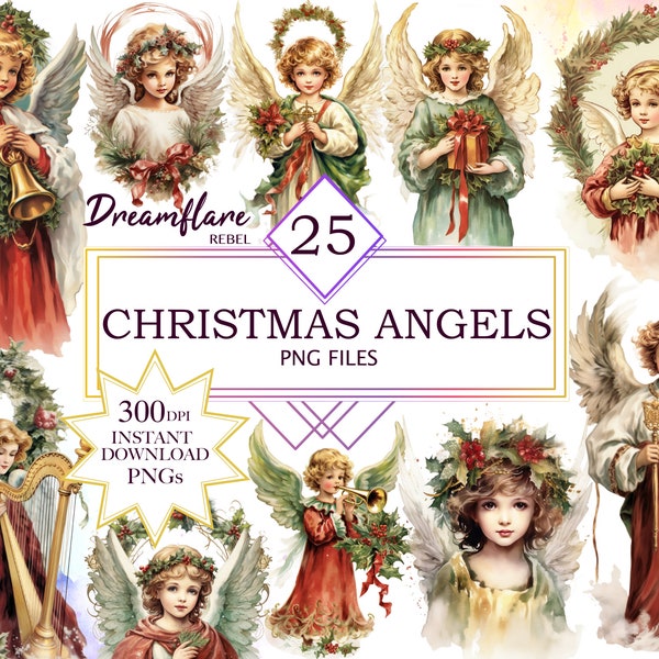 Christmas Angels Watercolor Clipart PNG, Vintage Christmas Angel Clipart, Printable Digital File, Christmas Season PNG, Commercial Use