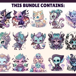 May include: A set of 12 digital illustrations featuring cute, cartoon-style creatures with a gothic and whimsical aesthetic. The creatures are depicted in various poses and expressions, with a colour palette of purple, blue, and green.