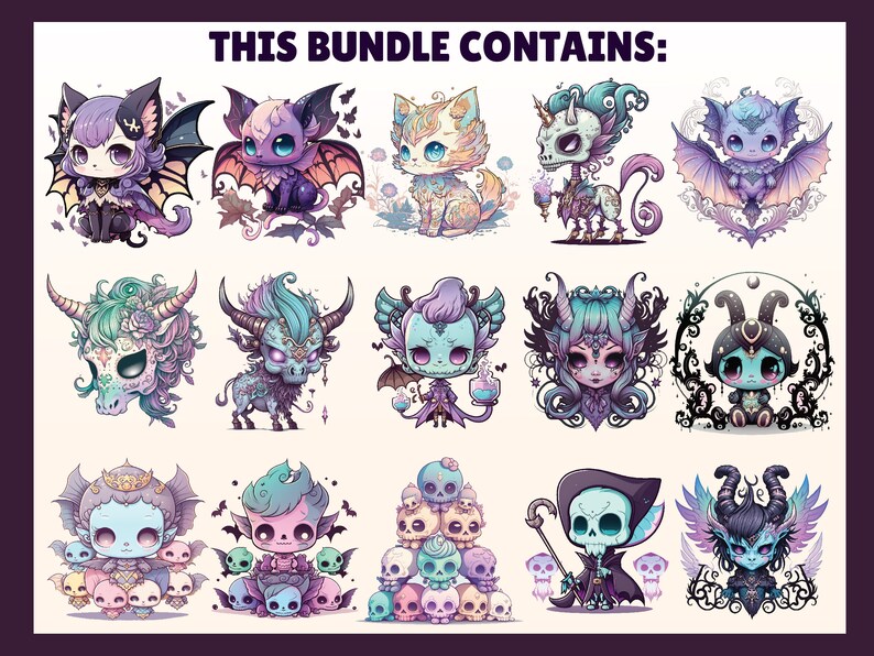 May include: A set of 12 digital illustrations featuring cute, cartoon-style creatures with a gothic and whimsical aesthetic. The creatures are depicted in various poses and expressions, with a colour palette of purple, blue, and green.